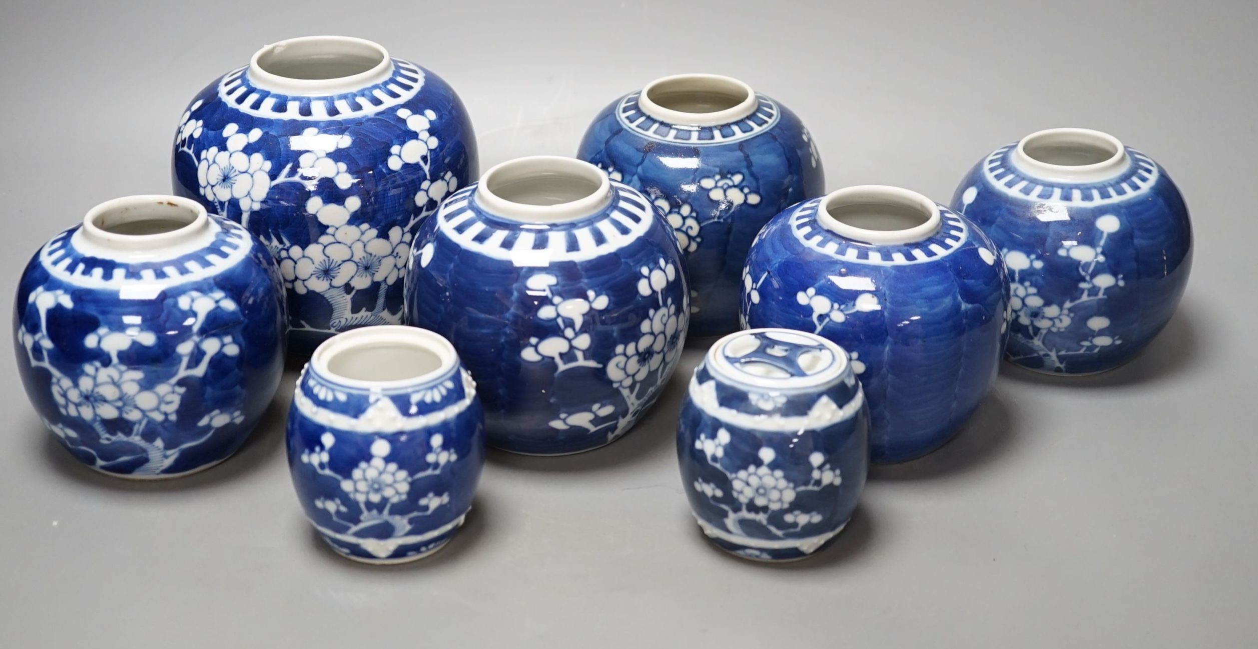 Six Chinese blue and white prunus jars and two similar pots - tallest 13cm